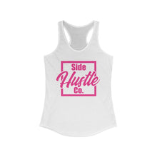 Load image into Gallery viewer, side hustle co women&#39;s white racerback tank top with pink knockout logo
