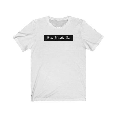 side hustle co unisex white jersey tee with old english logo