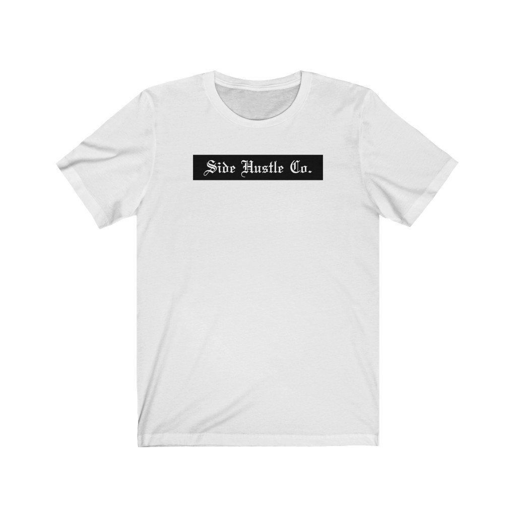 side hustle co unisex white jersey tee with old english logo