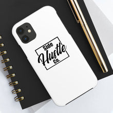 Load image into Gallery viewer, side hustle co white iPhone cases with black knockout logo
