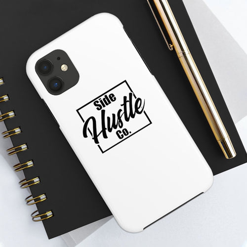 side hustle co white iPhone cases with black knockout logo