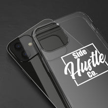 Load image into Gallery viewer, side hustle co clear iPhone cases with white knockout logo
