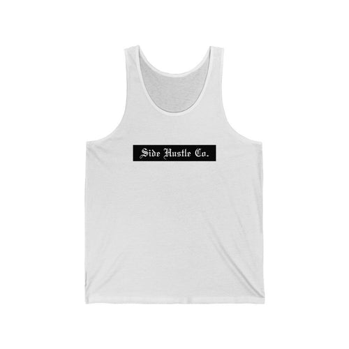 side hustle co unisex white tank top with Old English Logo